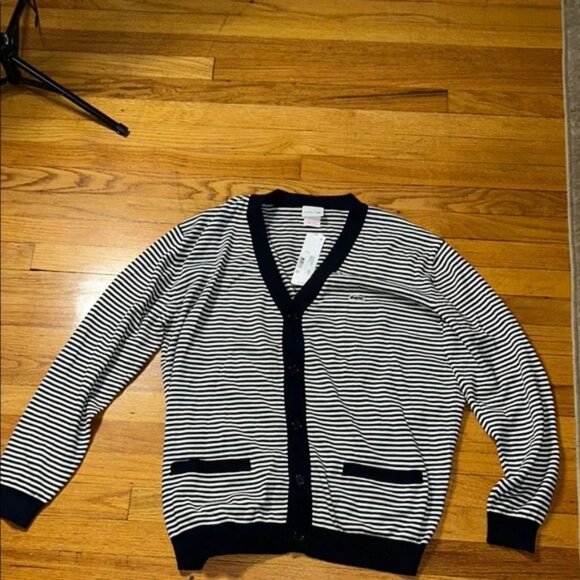 NEW 🆕 Lacoste Navy and White Striped Cardigan - Picture 1 of 8